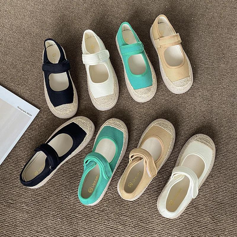 Flats Shoes Women Thick Bottom Retro Shallow Fisherman Shoes Womens 2022 Summer New Velcro Fashion Outer Wear Canvas